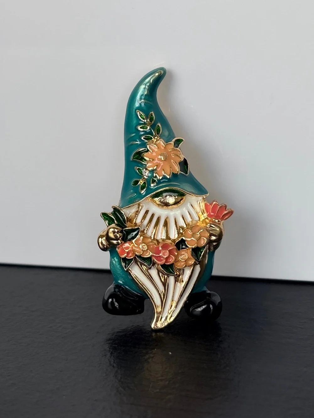 Teal Floral Gnome Enamel Brooch